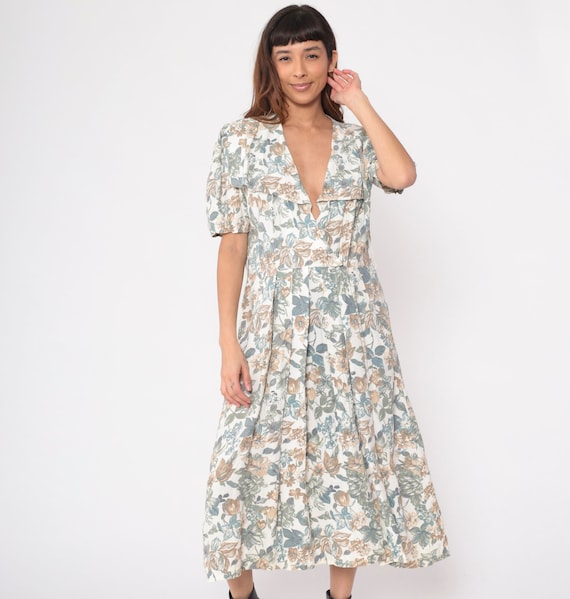 80s Floral Dress White Wrap Midi Dress Pleated Flower Print Boho Romantic Pocket Dress Vintage 90s High Waisted Short Puff Sleeve Medium