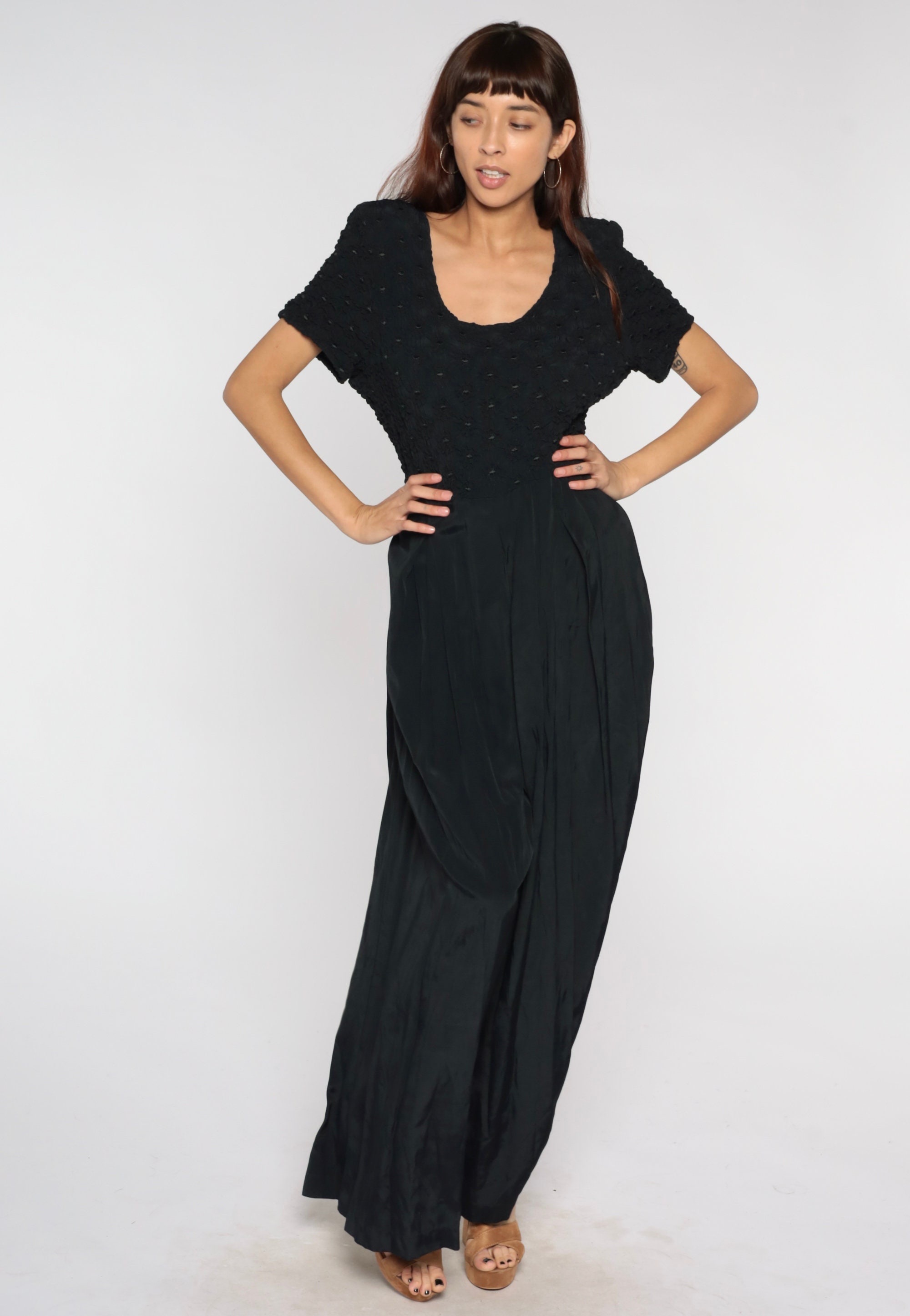 Wide Leg Jumpsuit 90s Black Jumpsuit Embroidered Pleated Pantsuit