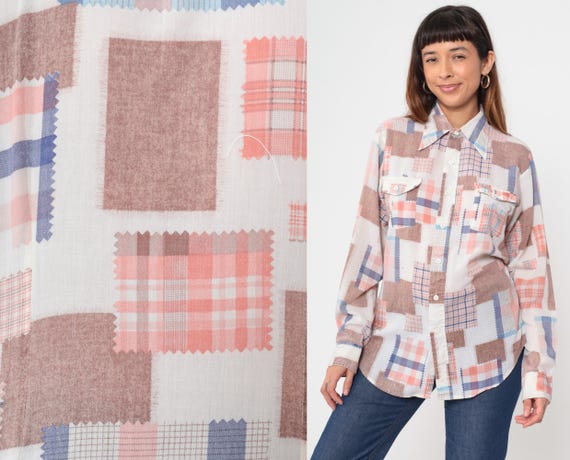 Patchwork Fabric Swatch Print 70s Button Up Shirt… - image 2