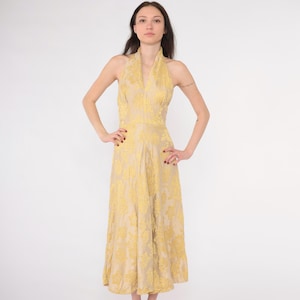 Vintage 50s Halter Party Dress Yellow Floral Brocade Fit Flare Backless Gown 1950s Cocktail Open Back Midi Formal V Neck Extra Small xs