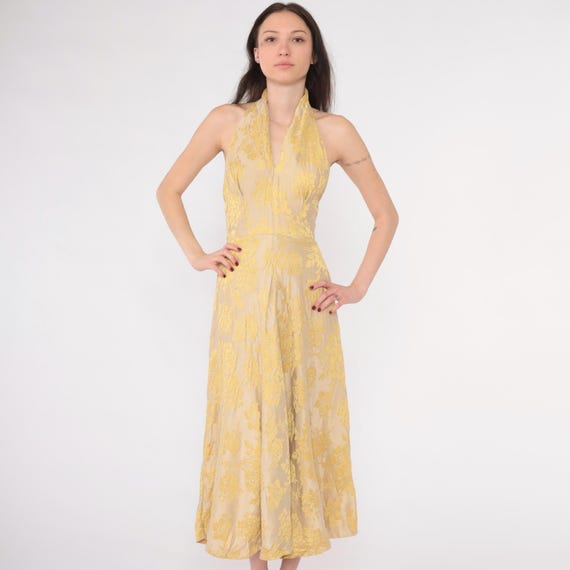 Vintage 50s Halter Party Dress Yellow Floral Brocade Fit Flare Backless Gown 1950s Cocktail Open Back Midi Formal V Neck Extra Small xs