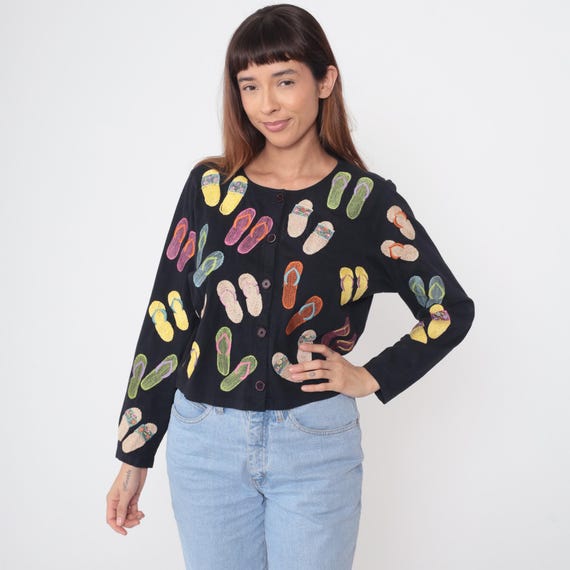 Flip Flop Cardigan Y2K Lite Michael Simon Black Embroidered Sandals Beach Cover Up Summer Vacation Novelty Cotton Button Up Medium M 8