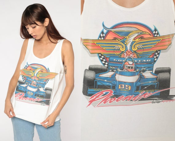 Goodyear Racing Shirt 80s Phoenix Tank Top '89 Car Race Graphic Tee Arizona NASCAR Racecar TShirt Single Stitch White Vintage 1980s Large L