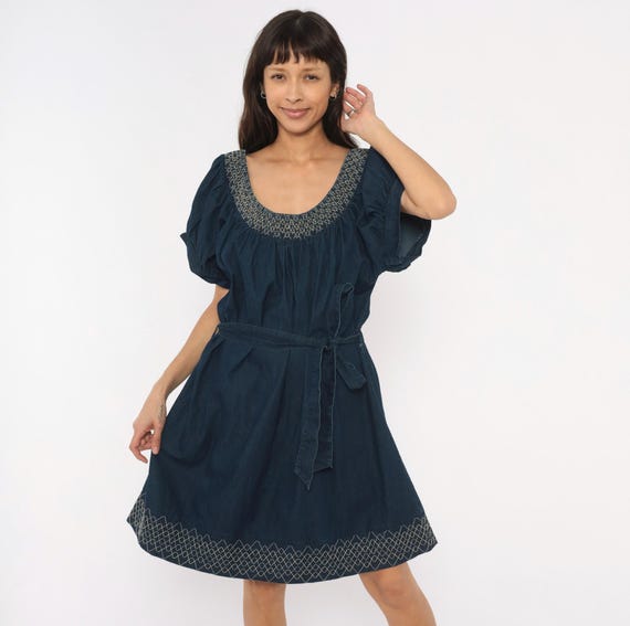 90s Mini Denim Dress  Navy Blue Cotton Peasant Puff Sleeve Embroidered Hem Prairie Cottagecore Babydoll Style Chambray Vintage Plus Size 3X