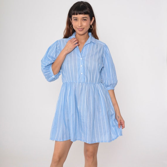 Striped Shirt Dress 80s Blue Balloon Sleeve Dress… - image 4