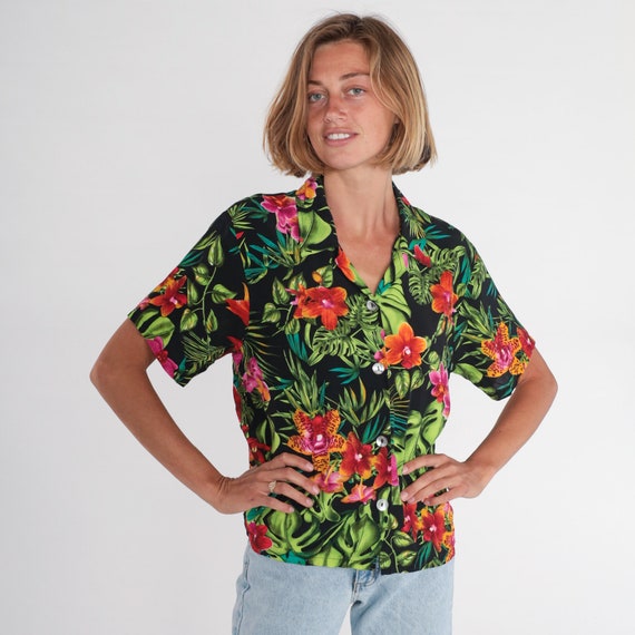 Tropical Floral Blouse 90s Button Up Shirt Black Hibiscus Flower Leaf Print Top Summer Short Sleeve Hawaiian Botanical Vintage 1990s Medium