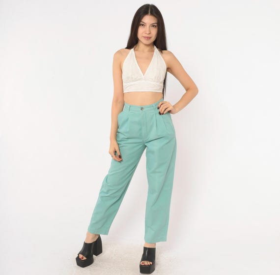 80s Baby Blue Trousers Cotton High Waist Pleated Tapered Pants Sage Chino Ankle Length Preppy Dark Academia Mom Fit Vintage Extra Small XS
