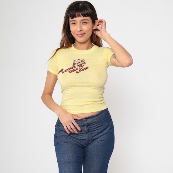 Vintage Cub Scout Shirt 80s Day Camp Boy Scouts Cropped Tee Retro Graphic T Shirt Yellow Short Sleeve 1980s Extra Small xs