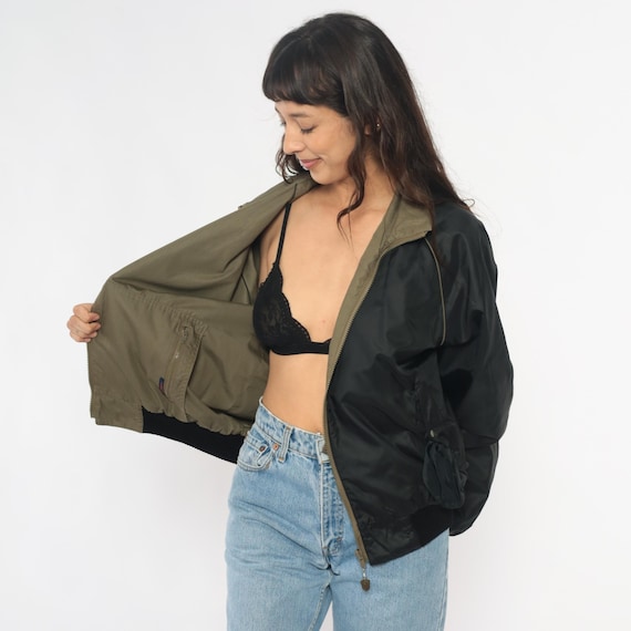 80s Reversible Windbreaker Black Olive Green Bomber Jacket Zip Front Unisex Vintage Two Tone Athletic Track Jacket Minimal Style Large L
