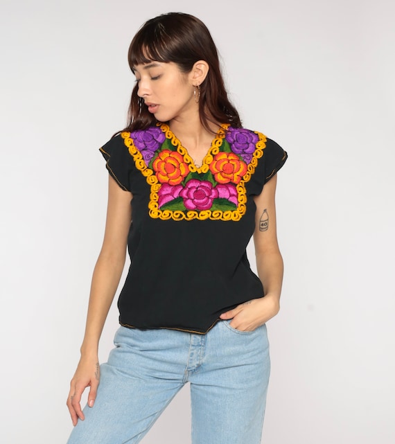 Mexican EMBROIDERED Blouse Black Flower Shirt Hippie Top Floral Shirt Red Boho Shirt FESTIVAL Tunic Bohemian Vintage Purple Extra Small xs