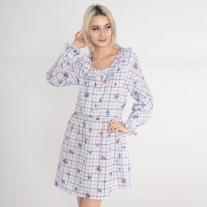 Checkered Floral Dress 70s Mini Dress Ruffled Collar Long Puff Sleeve Pearl Button Up Shirtwaist High Waist White Blue Vintage 1970s Medium