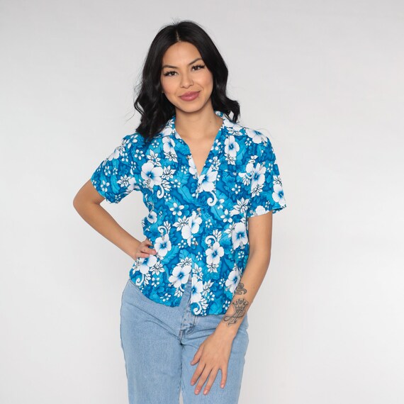 Blue Hawaiian Blouse 90s Tropical Button Up Shirt Floral Print Surfer Vacation Short Sleeve Tourist Top Vintage 1990s Extra Small xs