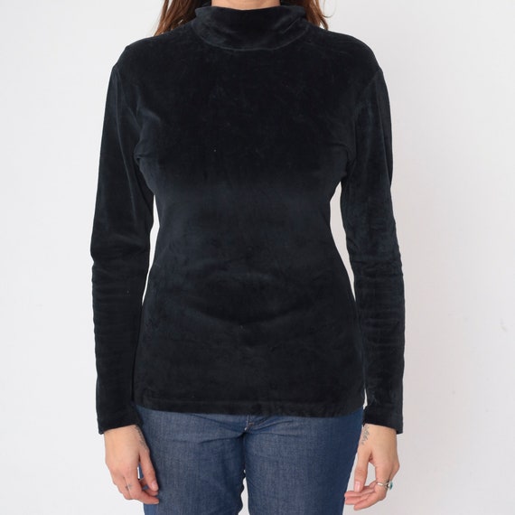Black Velvet Shirt 90s Turtleneck Blouse Long Sle… - image 8