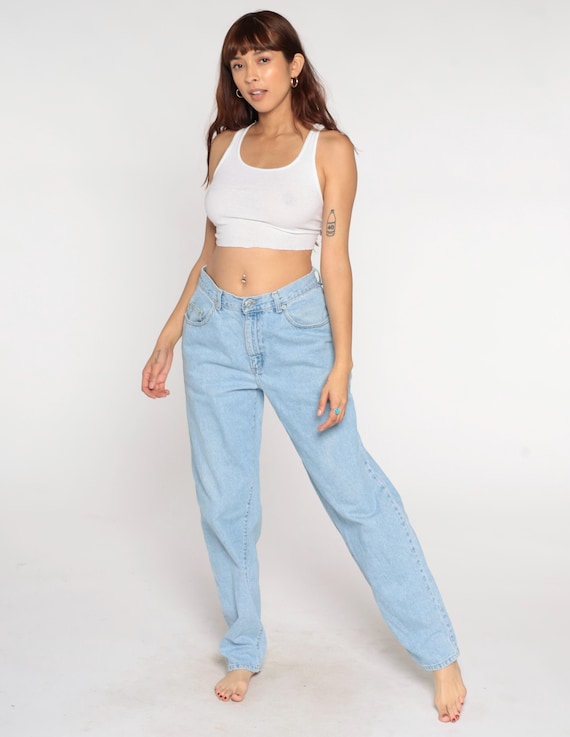 90s Guess Jeans Light Wash High Rise Straight Leg Cotton Denim Triangle Vintage Blue Mom Jeans Casual Streetwear Relaxed Fit Pants Large L