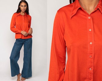 Orange Hemd 70er Jahre Bluse zuknöpfen Hippie Boho 1970er Jahre Disko oben Jahrgang Kragen einfarbig Hipster Langarm-Shirt große