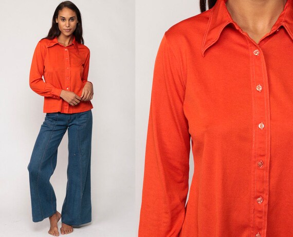 Orange Shirt 70s Blouse Button Up Hippie Boho 1970s Shirt Disco Top Vintage Collared Plain Hipster Long Sleeve Large