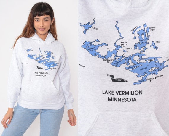 Lake Vermilion Hooded Sweatshirt Y2K Heather Grey Minnesota Loon Hoodie Sweatshirt 00s Hood Vintage Sportswear Sweatshirt Extra Small xs