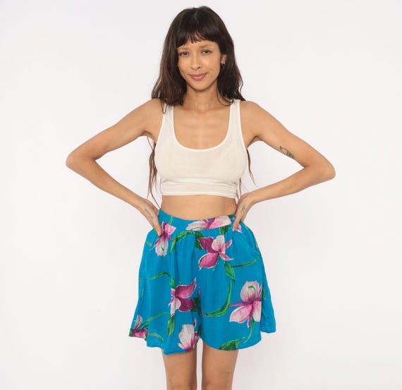 90s Tropical Floral Shorts Teal Orchid Print High Waist Wide Leg Button Waistband Pink Green Hawaiian Beach Summer Vacation Vintage Small S