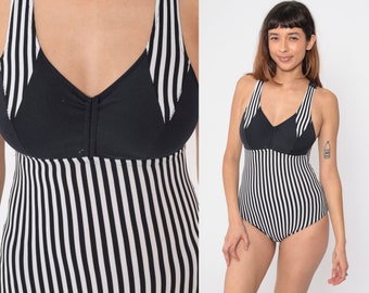 90s Striped Bathing Suit Black White One Piece Empire Waist V Neck Swimsuit Low Cut Swim Suit Vintage 1990s Small xs s