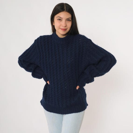 Navy Blue Sweater Vintage 80s Wool Robert Bruce Textured Knit Pullover Crewneck Long Sleeve Chunky Winter Ski Knit Made In USA Medium M