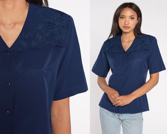 90s Floral Embroidered Top Navy Blue Floral Blouse Collared Casual Secretary Shirt 1990s Boho Button Up Shirt Short sleeve Vintage Small S