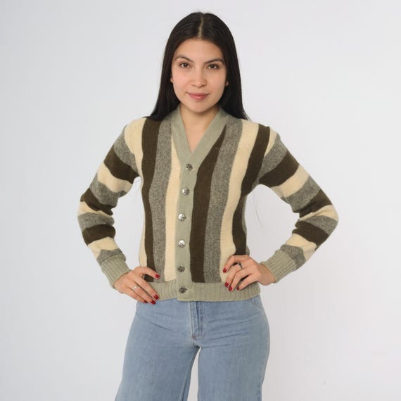 70s Striped Wool Cardigan Olive Green Brown Cream Button Front Fitted Knit Sweater Long Sleeve Ribbed Trim Winter Layering Extra Small XS