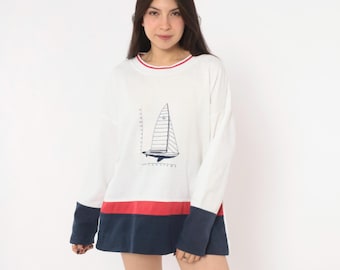 90s Sailboat Embroidered Sweatshirt White Navy Color Block Red Stripe Cotton Nautical Preppy Sailing Boat Boxy Kini Vintage Extra Large XL