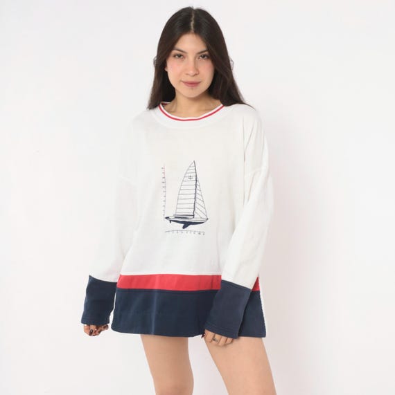 90s Sailboat Embroidered Sweatshirt White Navy Color Block Red Stripe Cotton Nautical Preppy Sailing Boat Boxy Kini Vintage Extra Large XL
