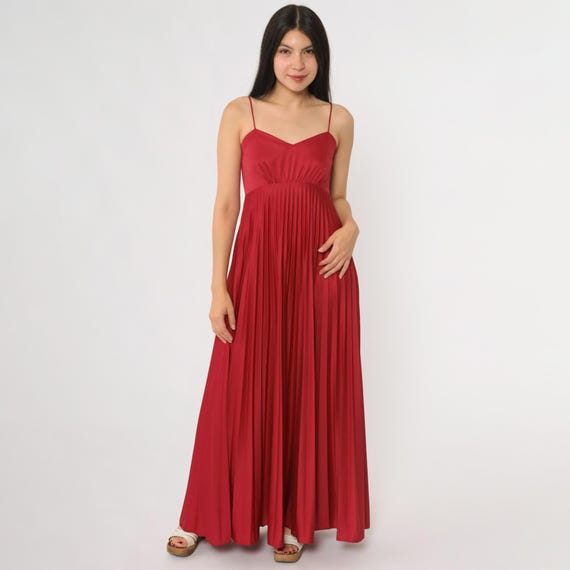 Red Pleated Dress 70s Spaghetti Strap Vintage Evening Gown Garden Party Summer Disco Wedding Guest Date Night Flowy Extra Small XS 7 8