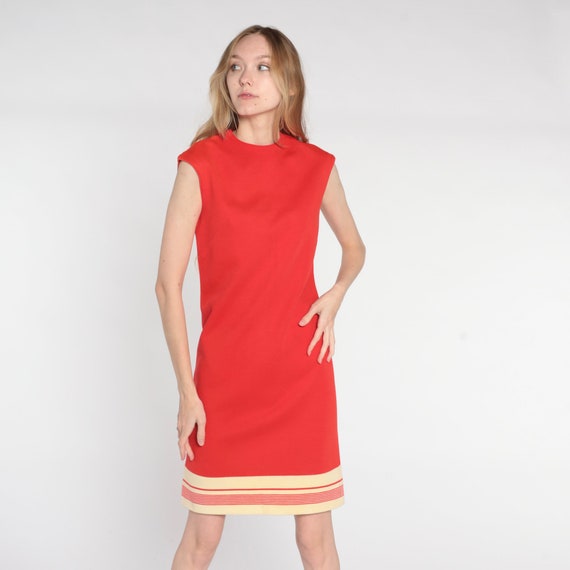 Red Shift Dress 60s Mod Mini Dress Wool Blend Striped Cap Sleeve Dress Retro Gogo Sixties Twiggy Plain Basic Minidress Vintage 1960s Small S