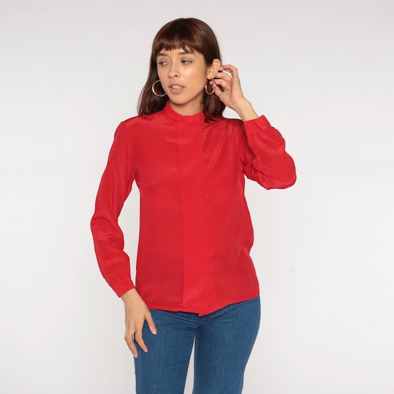 Red Silk Blouse 80s Mock Neck Long Sleeve Vintage Button Front Professional Office Work Career Wear Power Dressing Small S 5/6