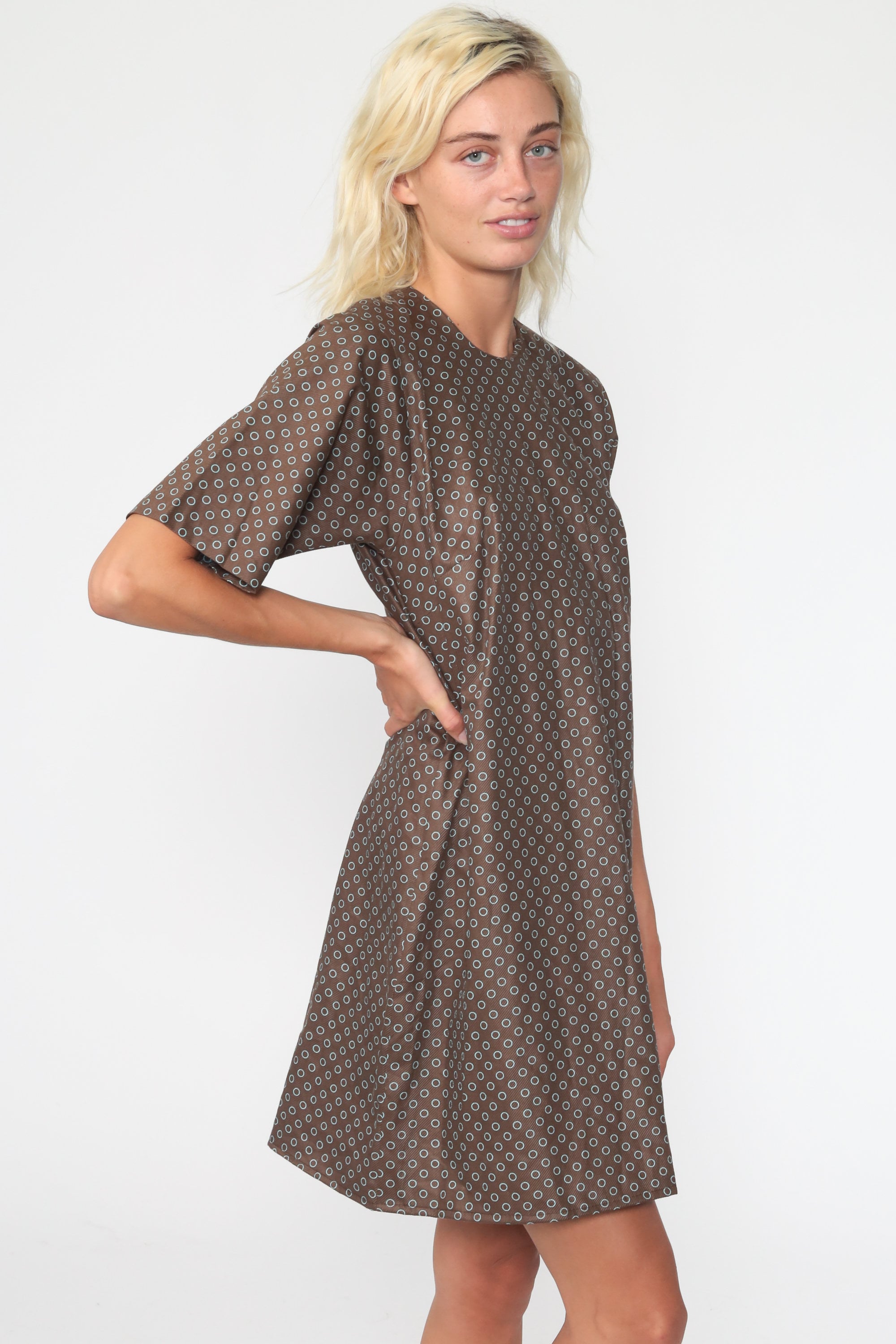 Mod Mini Dress Brown Op Art Dress 60s Polka Dot Print 70s