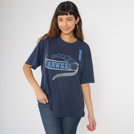 Vintage 80s Hawks Volleyball Shirt Navy Blue Graphic Tee Sports Team Player Number 1 1980s Jerzees USA Made Athletic Extra Large xl