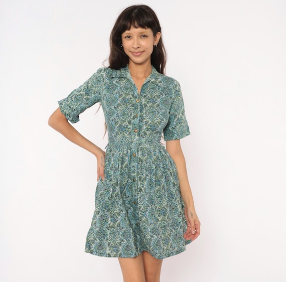 60s Rose Print Shirtdress Sundress Blue Green Cotton Button Front Short Sleeve Pleated Waist Floral Penneys Brentwood Vintage Extra Small XS