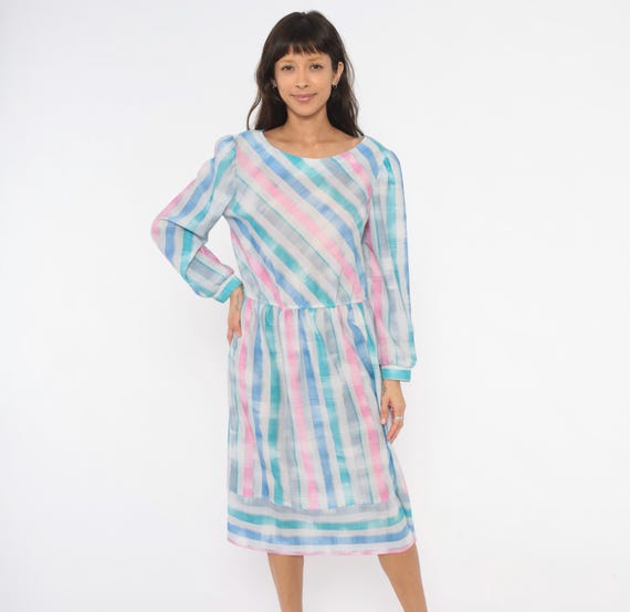 Pastel Stripe 80s Dress Pink Teal Blue Diagonal Drop Waist Gathered Skirt Blouson Scoop Neck Pullover Spring Nerdcore Vintage Women Large L