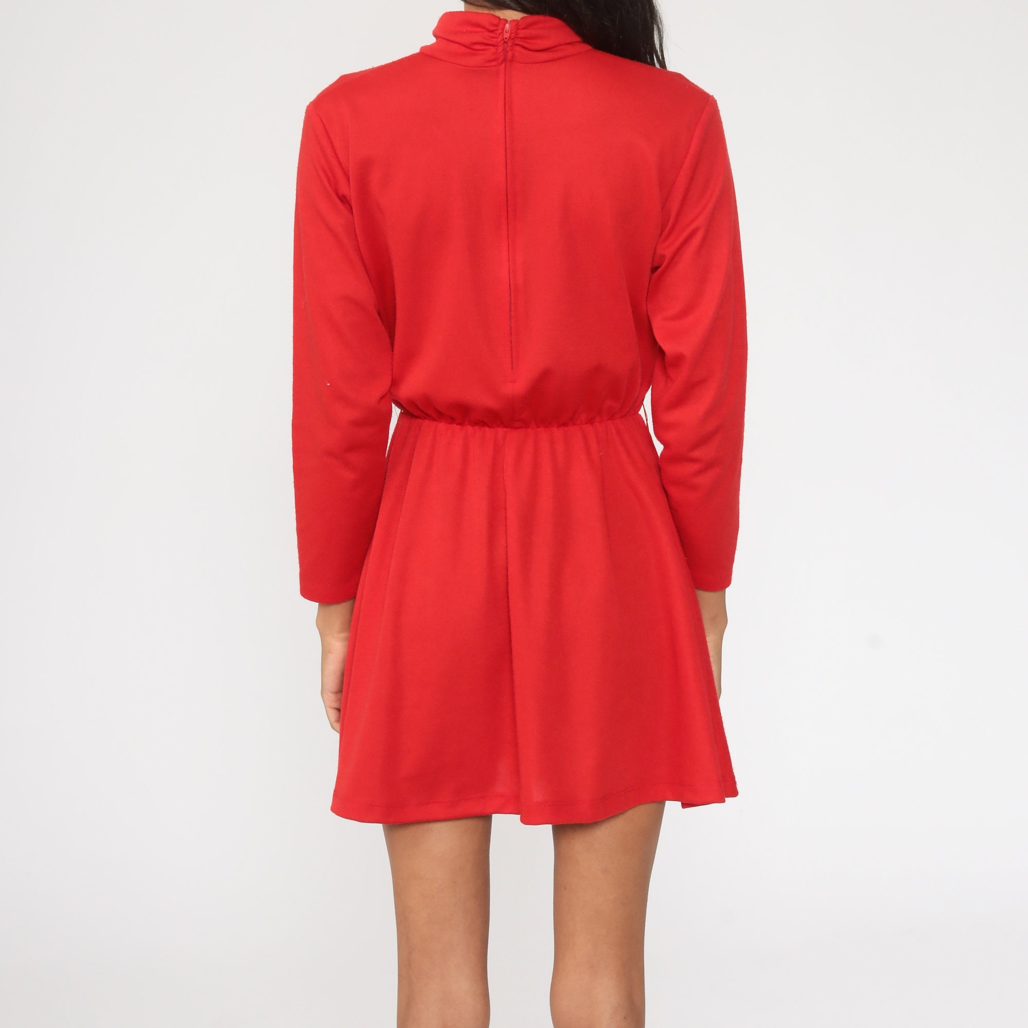 70s Mini Dress Plain Red Long Sleeve Mock Neck Dress 80s High | Etsy