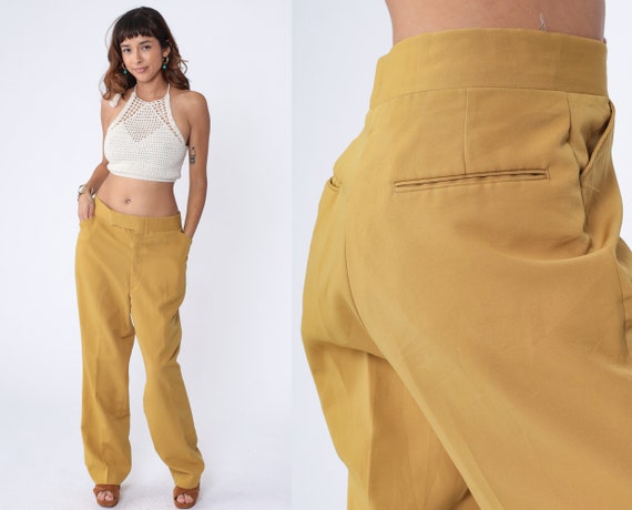 70s Straight Leg Pants Mustard Yellow Trousers 1970s Boho Hippie Trousers High Rise Waist Vintage Seventies Creased Men's 37 Large L