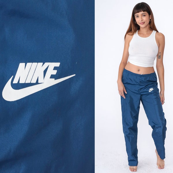 Nike Track Pants 90s Dark Blue Joggers Baggy Jogging Track Suit Warm Up Suit Athletic Pants Nylon 1990s Sportswear Ankle Zip Medium