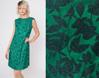 60s Brocade Dress Metallic Floral Party Dress 1960s Mini Mod Dress Green Cocktail Formal Shift Sparkly Vintage Sleeveless Small Medium