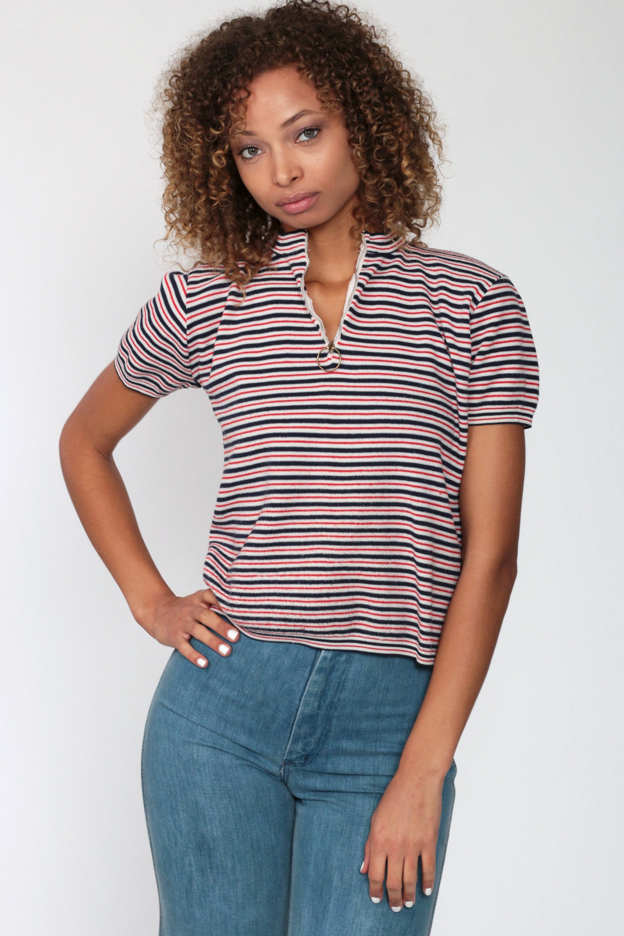 Ring Pull Shirt Striped Shirt 70s Mod Top ZIP UP Red Blue White Stripe ...