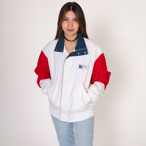 TCI Jacket 80s Windbreaker White Red Blue Zip Up Uniform Track Jacket Cable Television Bomber Streetwear Coat Retro Vintage 1980s Medium M