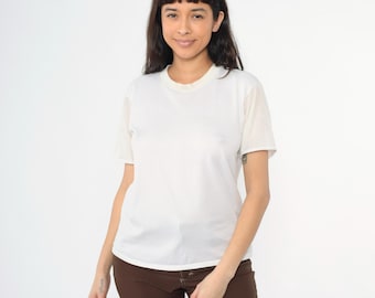 Vintage enfärgad vit nylon-t-shirt 80-tals-t-shirt Basic enfärgad rund hals T-shirt med enkel söm Blank rund hals Minimalistisk topp 1980-tal Medium 40