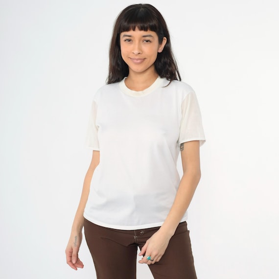 Vintage Plain White Nylon T-Shirt 80s Tee Basic Solid Crew Neck T Shirt Single Stitch Tshirt Blank Crewneck Minimalist Top 1980s Medium 40