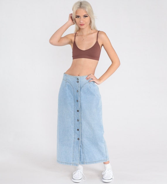 Denim Maxi Skirt Jean Skirt 90s Button Up Skirt Western Yoke 1990s High Waisted Straight Skirt Retro Vintage Faded Light Blue Medium