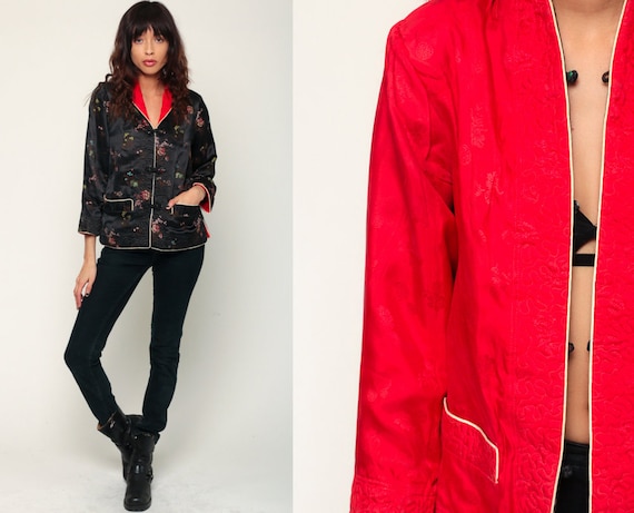 Chinese Jacket Asian Black Satin Jacket REVERSIBLE Red Embroidered Floral Boho Mandarin Vintage Bohemian Small