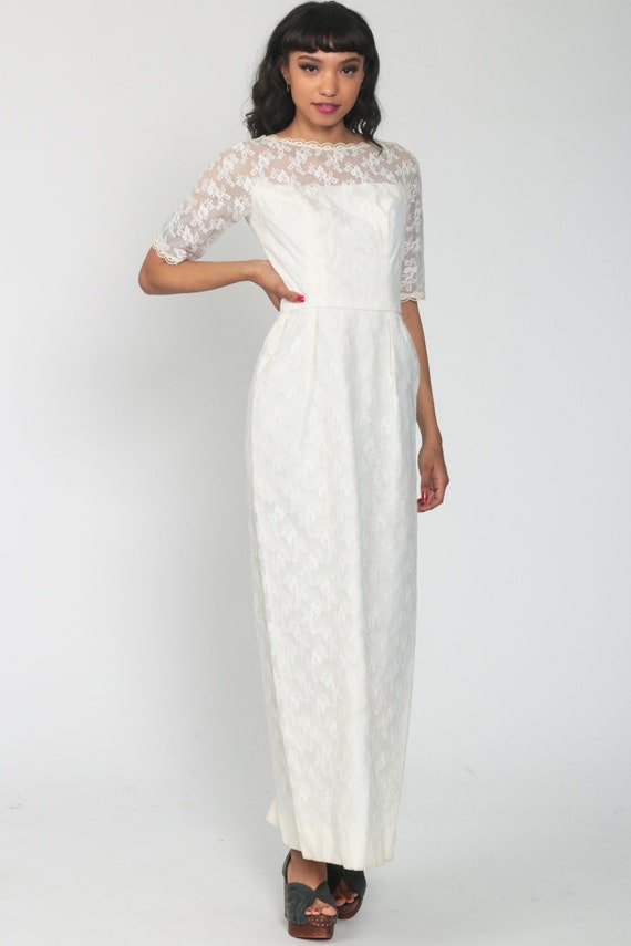 60s Wedding Dress Long Lace Dress White Lace 70s Boho Maxi Party Vintage Hippie 1/2 Sleeve Scalloped High Waisted Extra Small xs