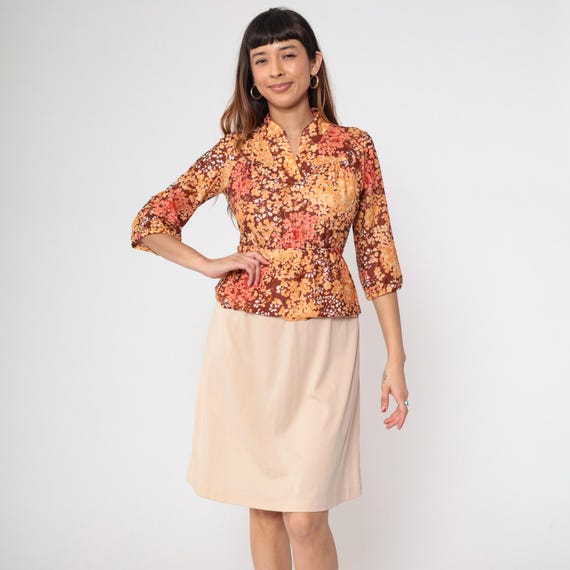 Floral Summer Day Dress 80s Brown Orange Yellow Print Semi Sheer Peplum Waist Midi Length Short Sleeve Cottagecore Garden Party Medium M