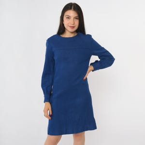 60s Blue Mod Mini Dress Shift Long Sleeve Dress 1960s Gogo Vintage Sixties Twiggy Plain Dress Minidress Extra Small xs