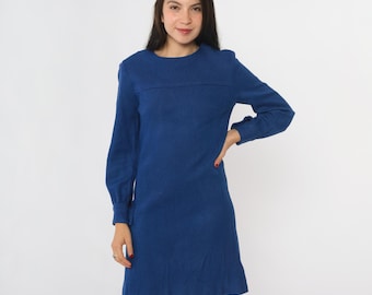 60s Blue Mod Mini Dress Shift Long Sleeve Dress 1960s Gogo Vintage Sixties Twiggy Plain Dress Minidress Extra Small xs