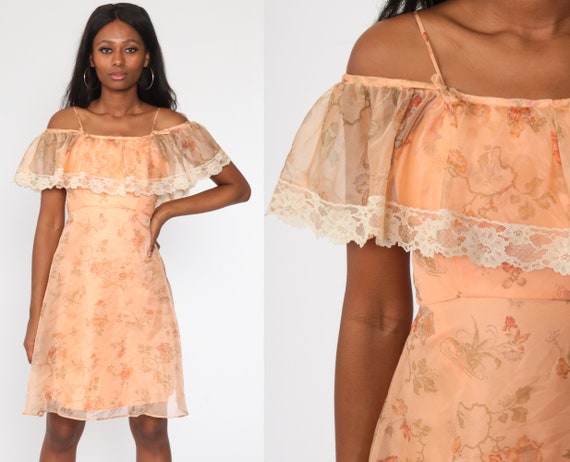 Floral Peasant Dress 70s Orange Off Shoulder Dress